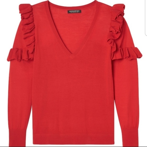 BR V-Neck Ruffled Shoulder Merino Sweater - Picture 4 of 4